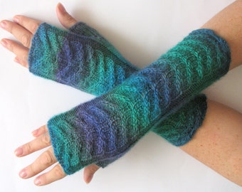 Fingerless Gloves Wrist Warmers Mittens Green Blue Purple Knit