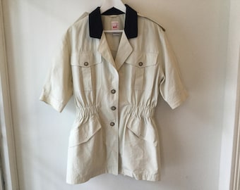 80s cream lightweght jacket M/L / vintage beige short sleeve jacket / cinched waist trench coat / khaki safari cotton jacket