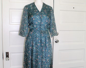 1940s teal floral print day dress