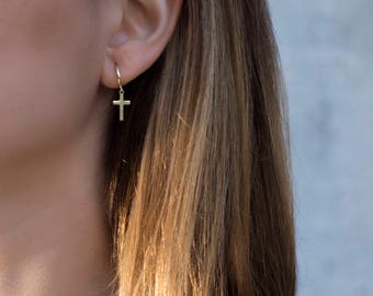 Gold Cross Earrings, Silver Cross Hoop Earrings, X Earrings, Earrings with Cross charm, Tiny gold hoops, Tiny hoops