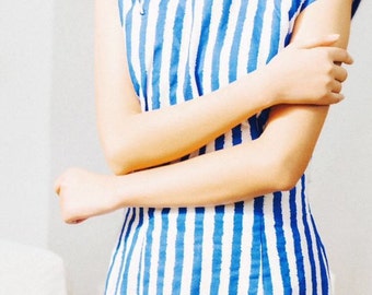 Contemporary Chinese Qipao Dress/ Blue White Striped / Full Length / Chinese Cheongsam / Traditional Cut / Size 8,10,12,14,16