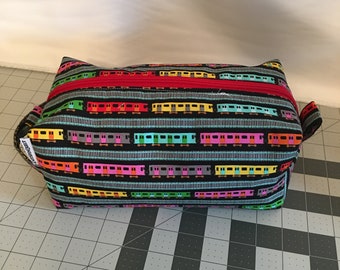 Large Subway Train print zippered box bag for knitting, spinning, toiletries, etc.