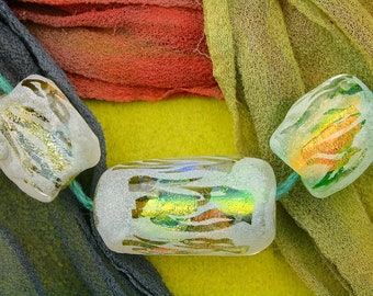 Lampwork Bead Set "Dichroic Log and Logettes" Handmade Sandblasted Glass Dichroic Window Focal Bead & Accents SRA ~ Meadow Shades