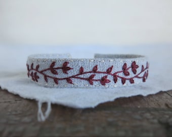 Burgundy Floral Bracelet - Floral Embroidery Cuff Bracelet - Gift Under 40