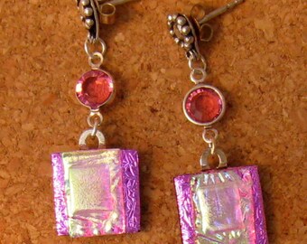 Dichroic Earrings - Pink Fused Glass Earrings - Dichroic Jewelry - Fused Glass Jewelry - Swarovski Crystals - Dichroic Post Earrings
