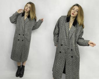 Vintage coat / Black white Coat / Midi coat / Tweed coat / Double breasted coat / Wool blend coat / English coat