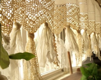 60" Wide Vintage Crochet Window Treatment kitchen Valance Boho Rag Curtain Cream Shabby Chic bathroom