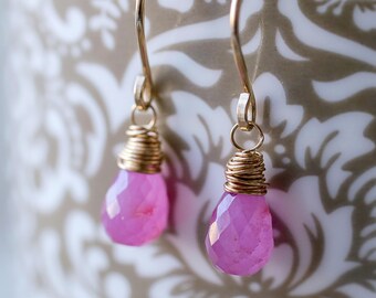 Genuine Pink Sapphire Earrings, September Birthstone Gemstone, Natural Sapphire Dangle Earrings /14K Rose Gold Filled Sterling Silver
