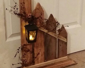 Primitive Decor, lantern candle holder decor, Rustic picket fence candle holder lantern, cottage decor, home decor, country decor