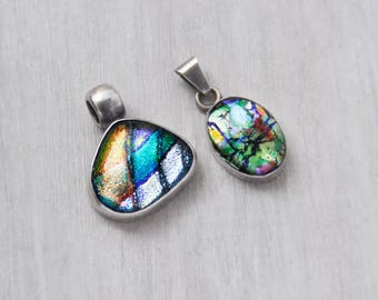 2 Dichroic Glass Pendants - 925 Mexican sterling silver freeform and oval charms - Taxco Mexico TS-62 and eagle mark 4
