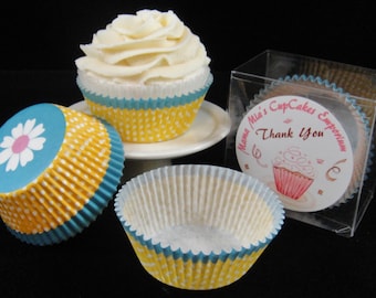 Teal and Yellow Cupcake Liners with a Daisy on the Bottom - Quantity 25