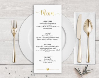 Gold Menu Template, Faux Gold Wedding Menu Card Template, Gold Calligraphy Wedding Menu Gold, Wedding Menu Printable, Faux Gold Foil Menu