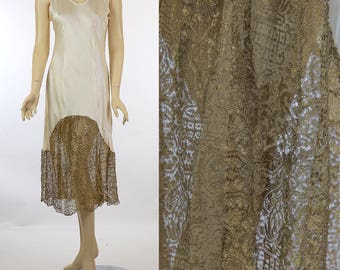Vintage 30s silk charmeuse dress with gold metallic lace inserts