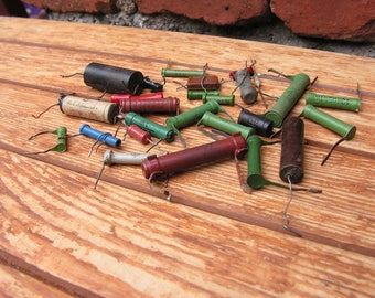 Set of 28 vintage capacitors, Steampunk supplies, Old capacitors and resistors, Electronic parts, Electronic mix, TV parts
