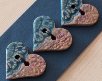 Ceramic Buttons, A Set of 3 Heart Buttons, Sew on Buttons, Handmade Stoneware Buttons, Purple & Blue Supplies.
