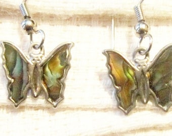 Vintage Silver Abalone Butterfly Dangle Earrings - BUT-52 - Boho Vintage Earrings - Abalone Butterfly Earrings - Abalone Dangle Earrings
