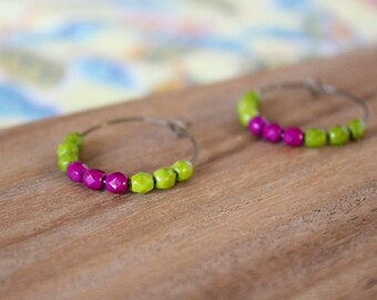 olive and orchid pink czech glass hoop earrings