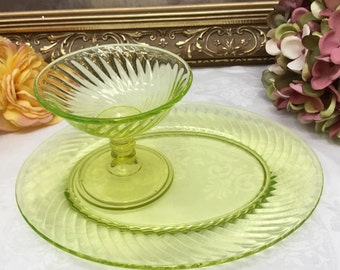 RARE Vaseline glass sherbert with plate.