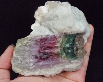 Natural Bicolor Watermelon Pink Green Tourmaline Quartz Crystal Matrix Mineral Specimen Brazil Gemstone