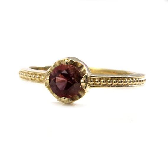 Victorian Styled Oregon Sunstone Solitaire - 14k Yellow Gold Handmade Engagement Ring