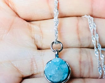 Aquamarine Blue Druzy Blue Tiny 925 Sterling Silver Pendant Necklace March Birthstone