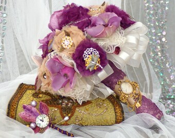 Steampunk Brooch Bridal Bouquet Purple Lavender & Beige