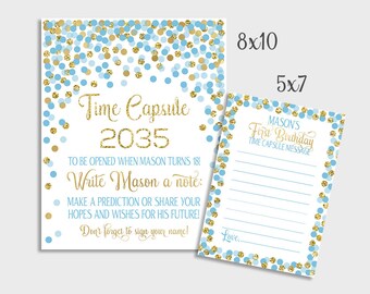 1st Birthday Or Baby Shower Time Capsule Sign Blue and Gold Confetti Birthday Party Time Capsule Sign & Message Cards 1st Birthday Party