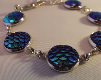 Silver Dark Blue Green Iridescent Dragon Scale Handmade Lobster Clasp Bracelet