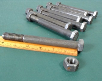 Vintage Bolts, Industrial Bolts, Hex Bolts, Nuts and Bolts, Salvaged Hardware - Lot of 8 - 6" Hex Bolts with Nuts