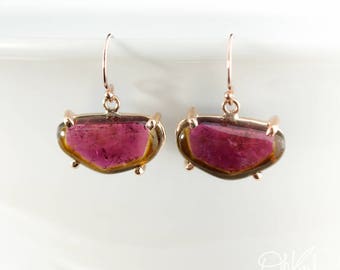 Rose Gold Watermelon Tourmaline Earrings - Wine Red Tourmaline - Gifts for Her