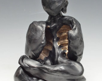 Black and Gold Abstract Buddha Seated in Meditation in Raku Ceramics 2