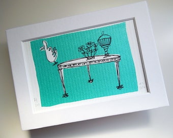 CURIOS | retro 50's decor art in metallic seafoam green, an original mini silkscreen print with white mat by Kathryn DiLego