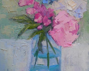 Floral Oil Painting, Flower Still Life, Free Shipping in USA, Pink and Blue Flowers, 6x8" Oil Painting, Palette Knife Painting,