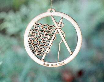 Knit Knit Knit Natural Wood Ornament