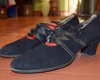1930's Black Suede Flapper Shoes approx UK 4.5-5
