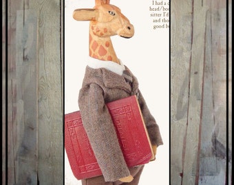 Prims folk art mixed media giraffe man anthropomorphic doll vintage book standing giraffe professor HAFAIR ofg faap lucys lazy dayz
