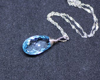 Natural Sky Blue Topaz Pendant Solid 14K White Gold Wire Wrapped Briolette, 4th anniversary, December Birthstone , 4th Anniversary