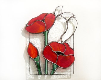 Poppies Stained Glass Suncatcher Panel Red Poppy Handmade OOAK