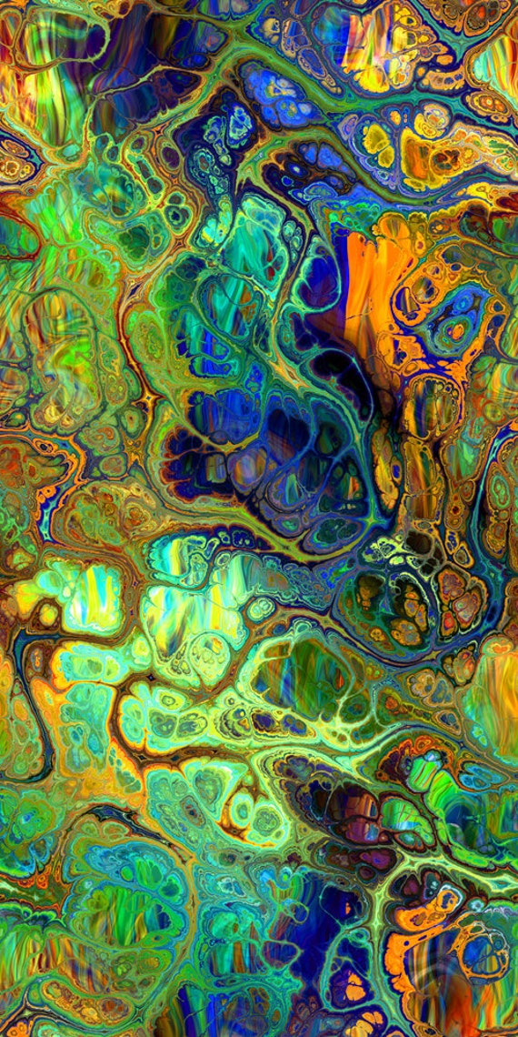 Designer Artist Hand Created Fleece Fiber Art Fabric Panel Green Jewels Marble Apparel Blanket