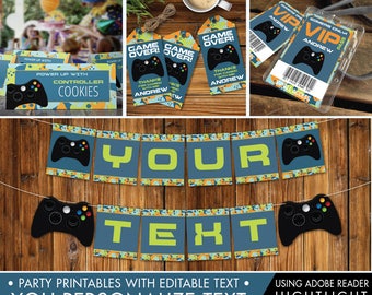 Video Game Party Decor Set, Gamer Birthday, Video Game, Game Truck, Blue Camo, Self-Editing | DIY Editable Text INSTANT DOWNLOAD Printable