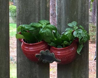Fence Flower Pot Double Planter Red - Garden Yard Art - Handmade Pottery