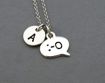 Surprise Emoticon necklace, Text surprise, initial necklace, initial hand stamped, personalized, antique silver, monogram