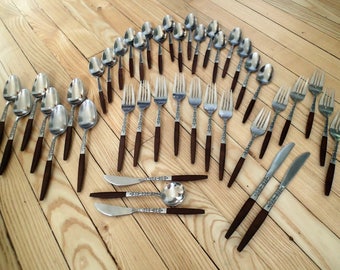 Interpur INR2 Stainless wood handle silverware, Danish modern flatware 42 piece set, Vintage Mid Century Knives, spoons, forks