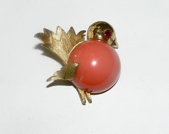 NAPIER Cute Bird Figural Pin with Coral Colored Glass Cabochon