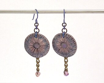 Handmade Artisan Earrings - Blue and Purple Ceramic Daisy Components with Hypo Allergenic Niobium Earwires. SRA Art Beads by Emma Ralph SRA