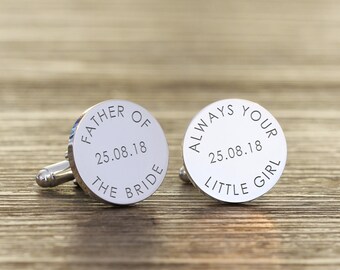 Personalised Engraved Silver Plated Father of the Bride Wedding Date Cuff links Always your Little Girl