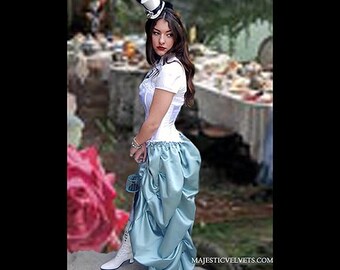 Ready to ship Alice in Wonderland Steampunk Costume White Corset with Light BlueTaffeta Bustle Skirt Dress Costume Cosplay