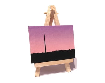 Emley Moor Tower Miniature Art - small landscape painting of Emley Moor Mast, Yorkshire, with a pink purple dawn sky. Mini canvas with easel