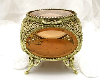 Ormolu Jewelry Box, Gold Filigree Metal Jewelry Casket, Engagement Ring Presentation Box, Footed Jewelry Box, Gift for Her, Holiday Gift