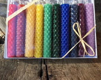 Beeswax Candles -Set of 10 rolled rainbow colored candles - 4" tall